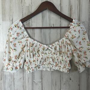 For Love and Lemons Lola Pointelle Top XXS White Yellow Floral Y2K Cottagecore